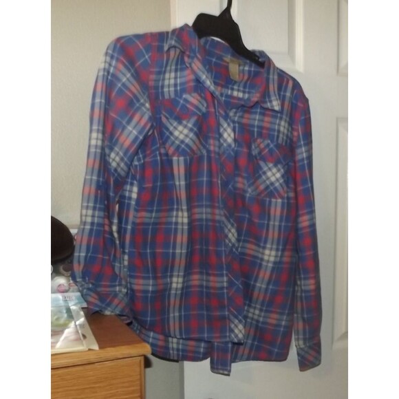 Duluth Trading Company Red, White and Blue Plaid Flannel Shirt Size Large - Picture 1 of 3
